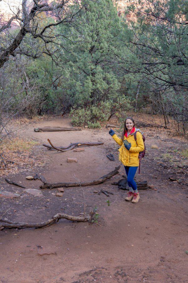 Hiker pointing direction of a trail through wide path with trunks