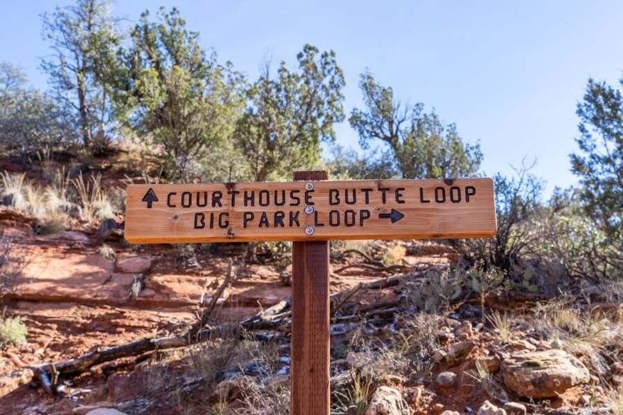 Big Park Loop sign at the end of a wash on the Courthouse Butte Bell Rock Loop Hiking Trail in Sedona