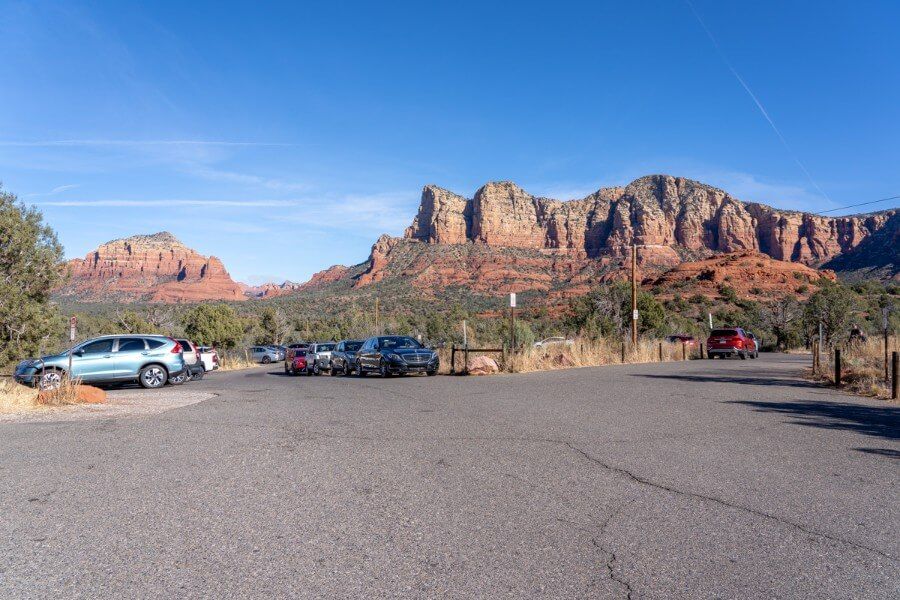 Parking lot for Bell Rock Courthouse Butte Loop Hike on highway 179 in Sedona Arizona North trailhead