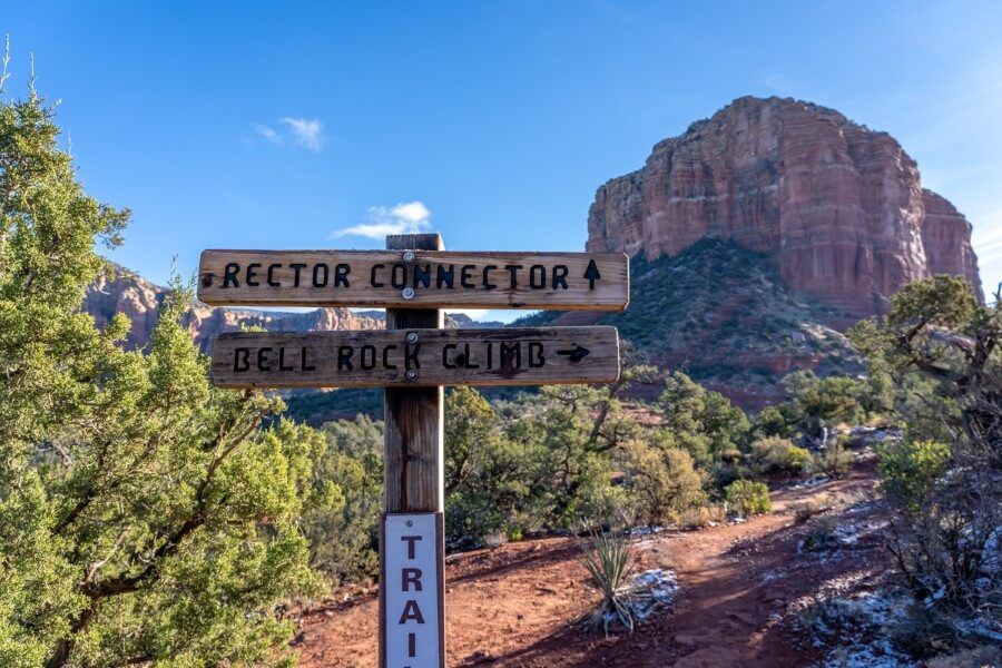 Rector Connector sign marker for directions on a walking path in Arizona