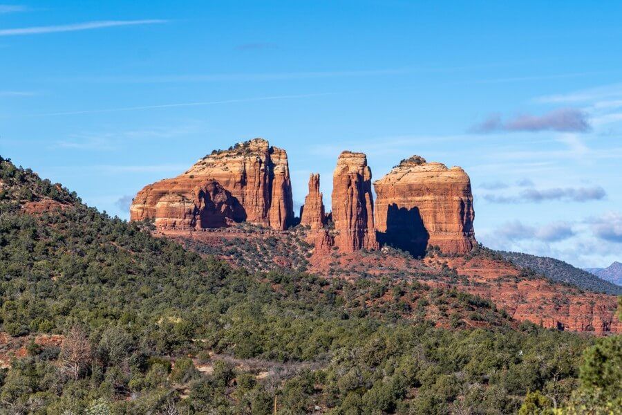 View of Cathedral Rock from half way up Bell Rock climb in Sedona Arizona
