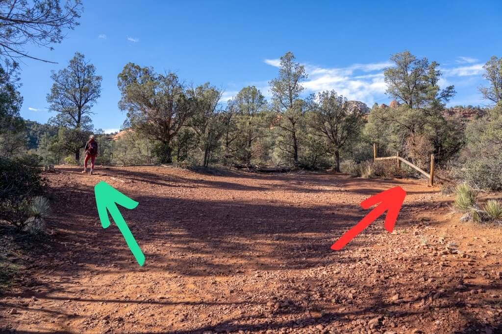 Photo with green and red arrows added to show the correct direction to take on a hike