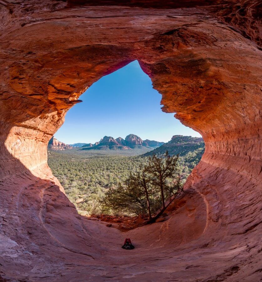 Stitch panorama photo of Birthing Cave from the inside overlooking Sedona