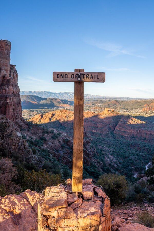 End of trail sign hiking cathedral rock trail in sedona az