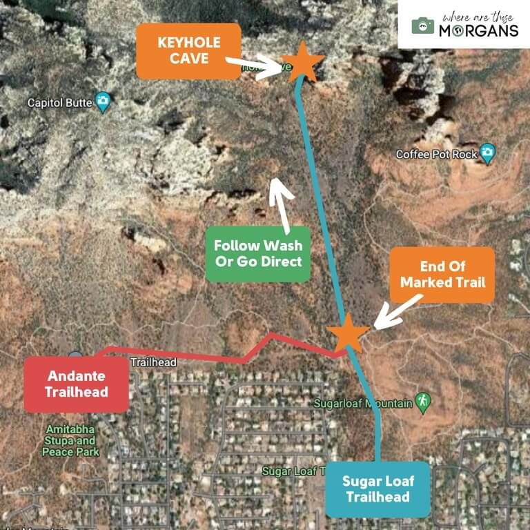 Map of the Keyhole Cave hike in Sedona Arizona with directions and parking lots
