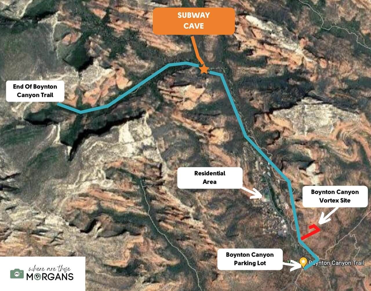 Map showing the Boynton Canyon Trail hike with parking lot and directions to Boynton Vortex, the Subway Cave and end of trail in Sedona Arizona