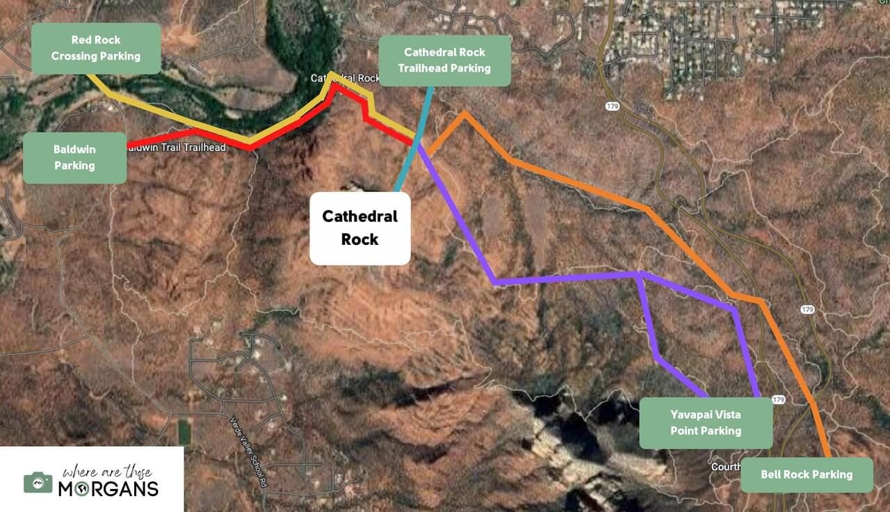 Map of 5 hiking trail options to access Cathedral Rock in Sedona Arizona colored lines marking options hikers have when parking is full at the trailhead