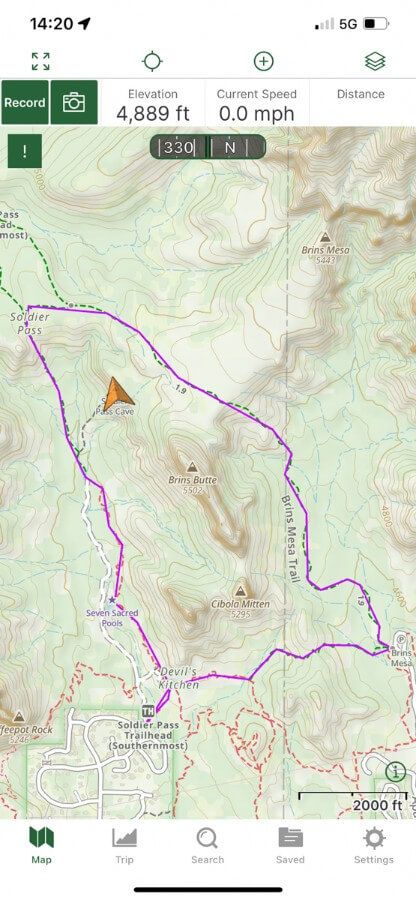 Gaia GPS navigation hiking app showing location of Soldier Pass Cave in Sedona