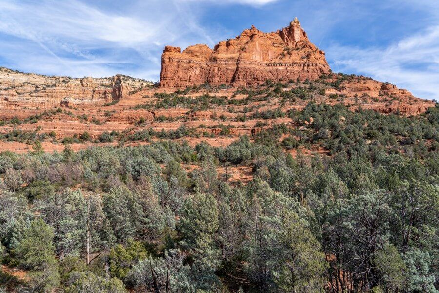 Red rock formation with trees in foreground