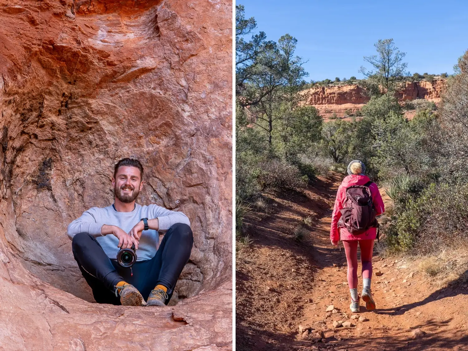 Two photos Mark and Kristen from Where Are Those Morgans hiking the Birthing Cave Trail in Sedona AZ - Mark sat inside a sphere-shaped alcove at the back of the cave and Kristen hiking up a rocky path to the cave entrance