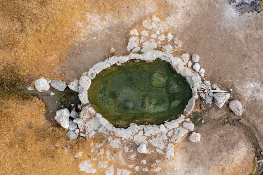 Drone shot of crab cooker hot spring