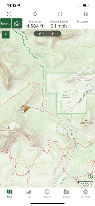 Gaia GPS hiking app location marker in Arizona