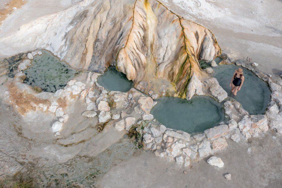 Drone photo of the four main pools at travertine hot springs