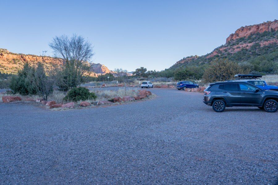 Doe Mountain and Bear Mountain parking lot in Sedona Arizona at sunrise