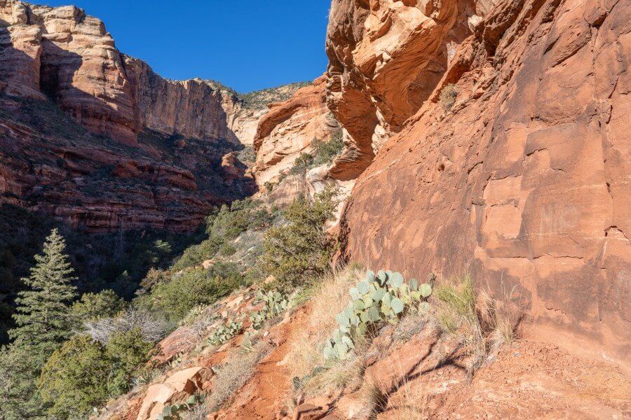 Narrow rock scramble path to reach summit of a small formation at the end of Fay Canyon Trail in Sedona