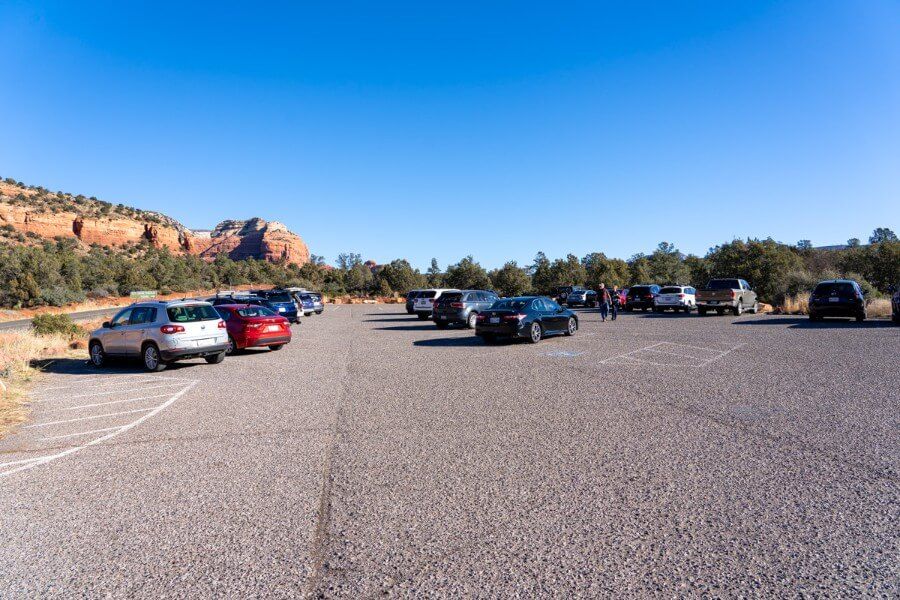 Fay Canyon Trail parking lot in Sedona Arizona on a cold but sunny winter morning
