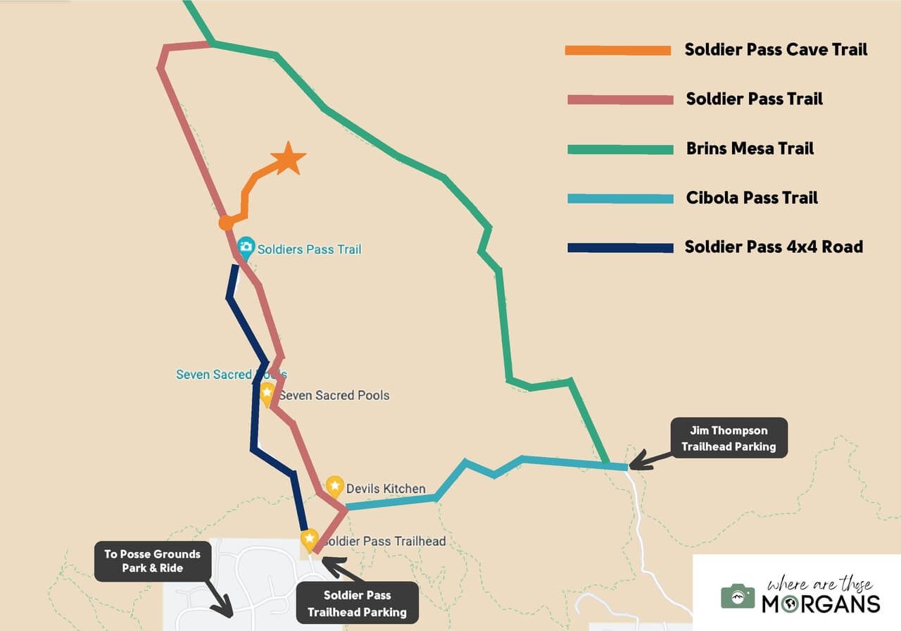 Map showing all trails connecting to Soldier Pass Trail and Cave Trail with parking lots for hiking in Sedona