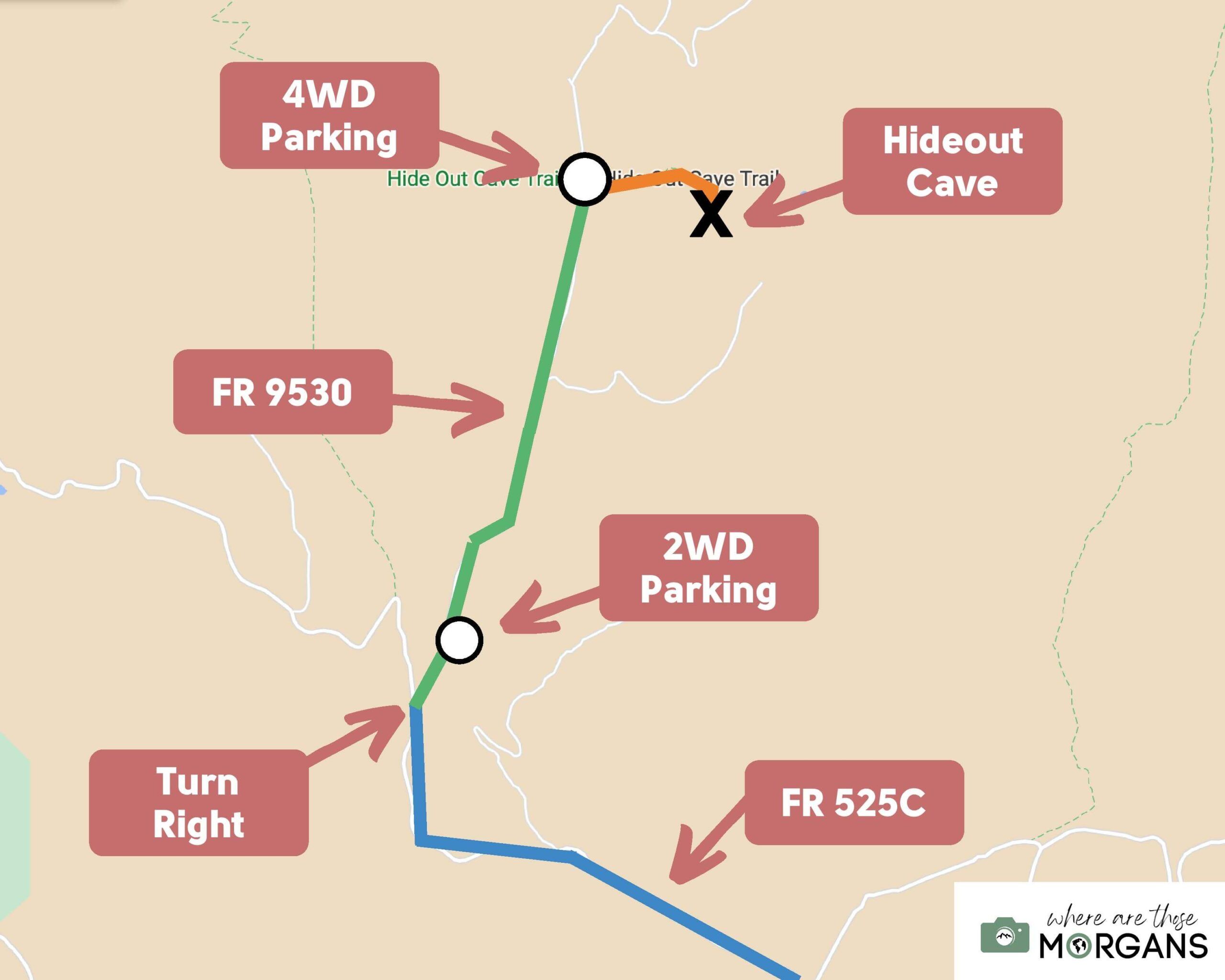 Map showing directions on forest roads and hiking trail to reach Hideout Cave on Robbers Roost Trail hike in Sedona Arizona