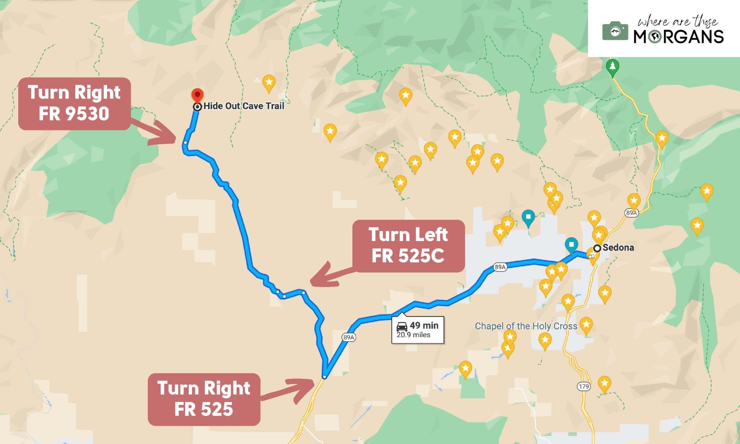 Map showing direction from Sedona to reach parking for Robbers Roost Trail to find Hideout Cave key turning points and road numbers