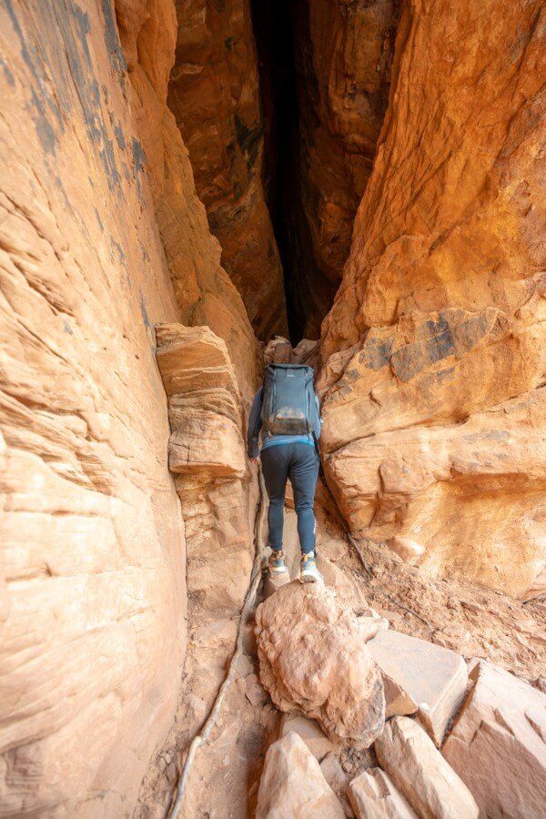 Narrow gap to climb into Soldier Pass Cave in Sedona