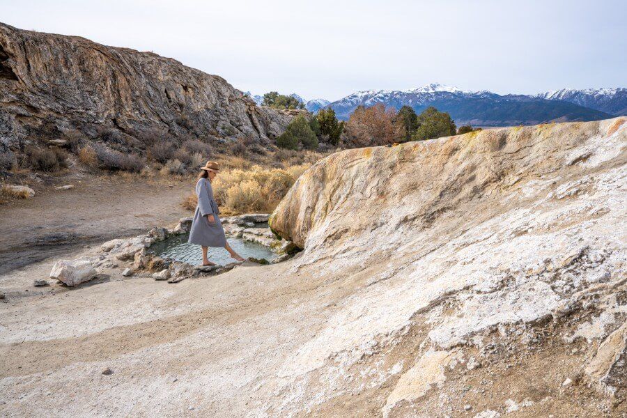 women exploring the hot spring pools at Travertine