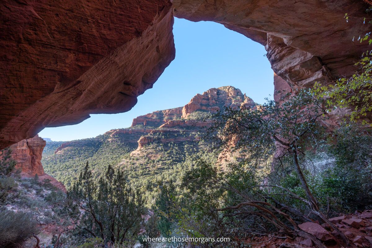View through a sandstone arch looking at a valley filled with trees and red rocks