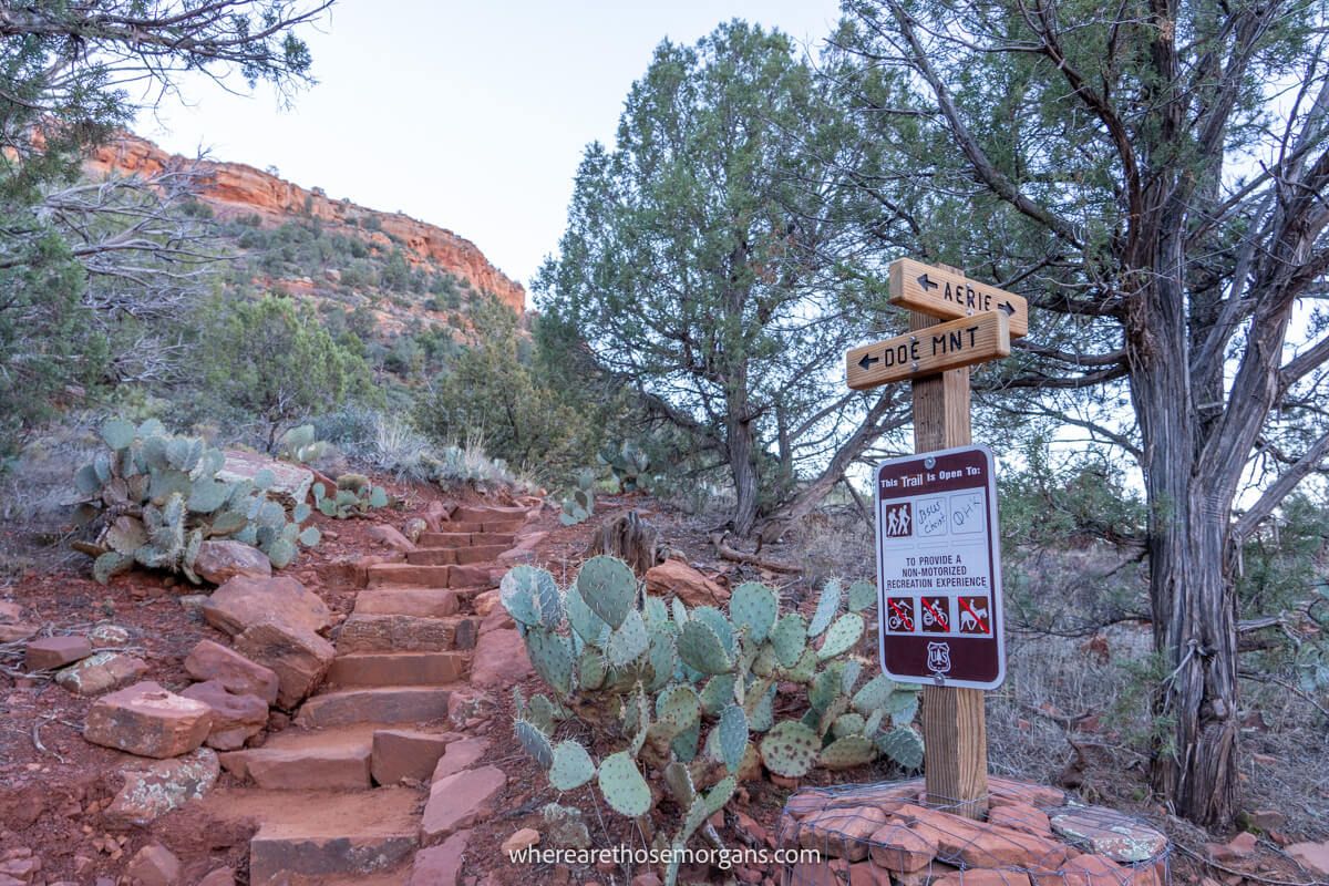 Hiking trail crossroads with markers and stone steps leading to red rock wall