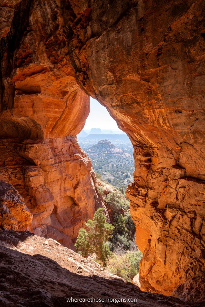 Photo of the inside of a huge cavern with a view looking out through the rounded entrance