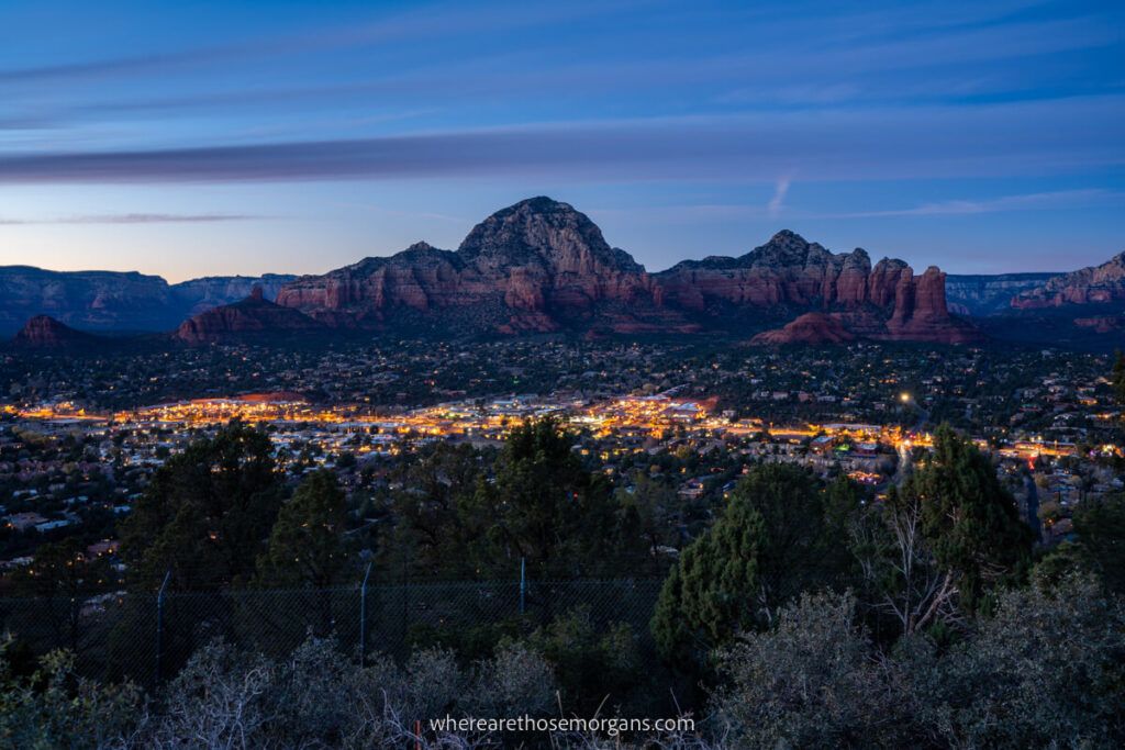 Downtown Sedona lit up at sunset from Airport Mesa Scenic Lookout