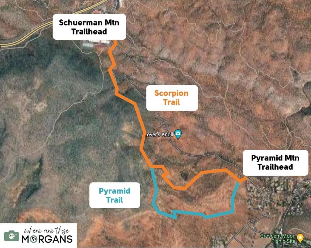 Map of the Pyramid and Scorpion Loop Trail hike in Sedona Arizona with trailheads and lines marking route