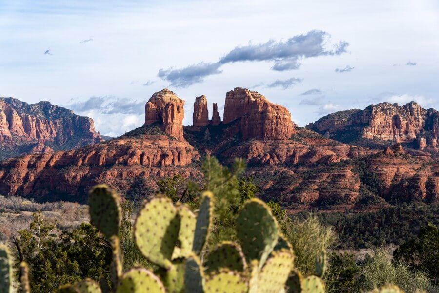 Cathedral Rock behind cactus plants with light clouds on a gray day in Winter hiking in Northern Arizona