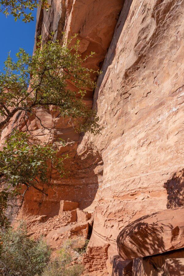 An ancient cliff dwelling recessed into a sandstone cliff