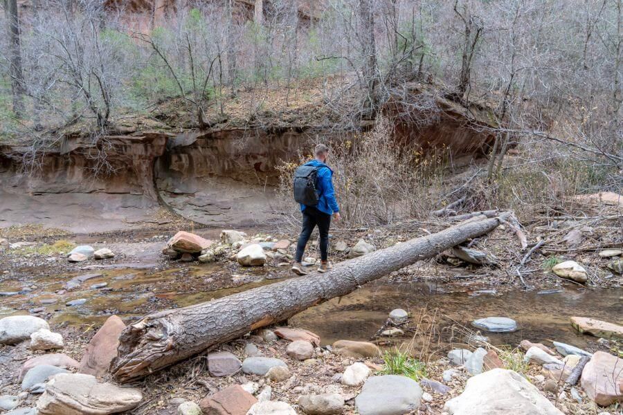 Hiker walking across a log to cross a river in arizona