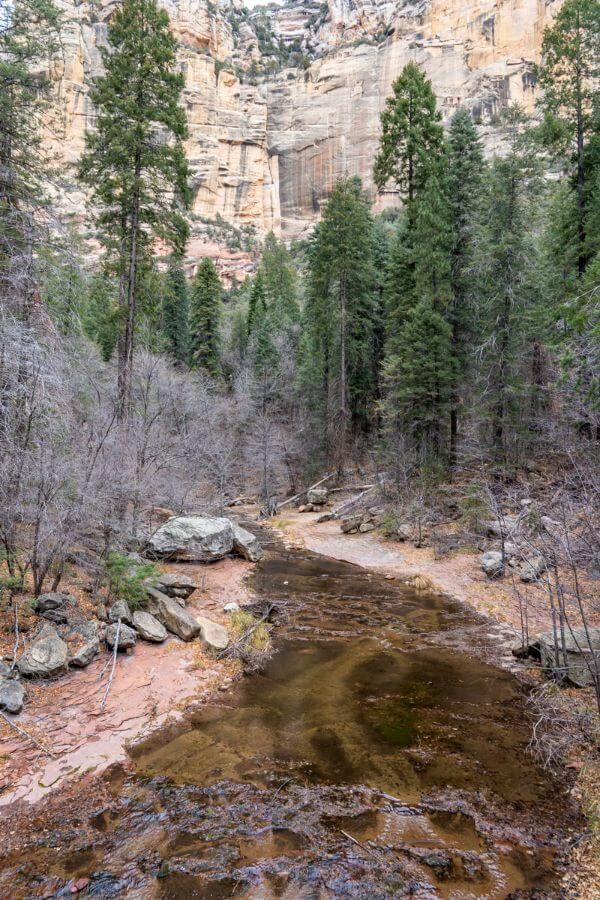 Shallow river running through a creek on West Fork Trail in Sedona Arizona