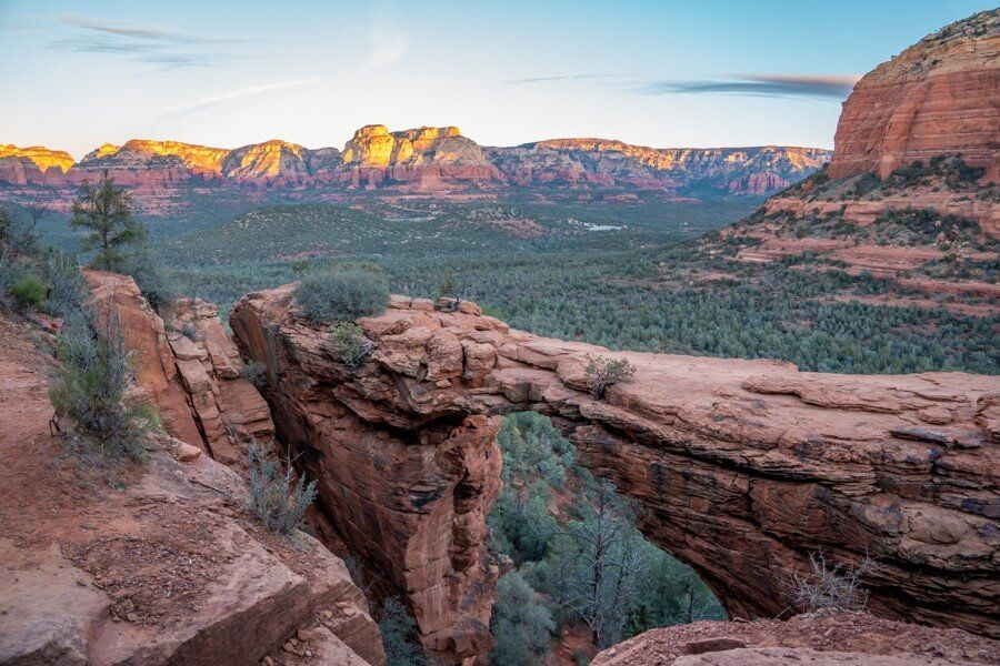 Devils Bridge red rock formation at sunrise one of the most popular hikes in sedona arizona