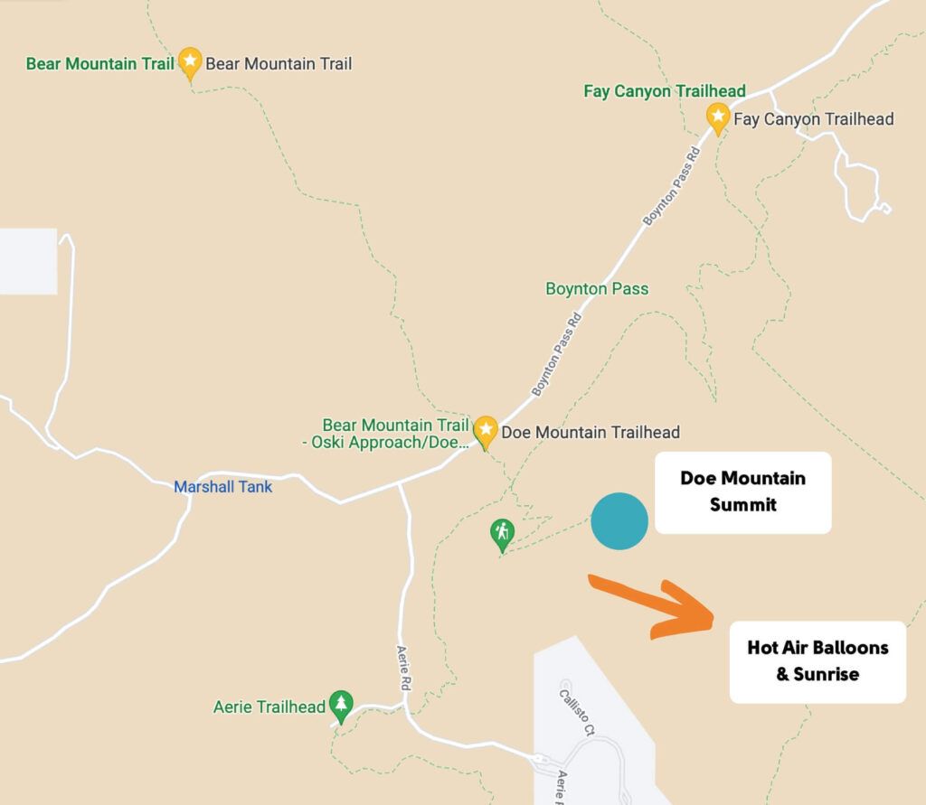 Doe Mountain Map showing direction of sunrise and hot air balloons