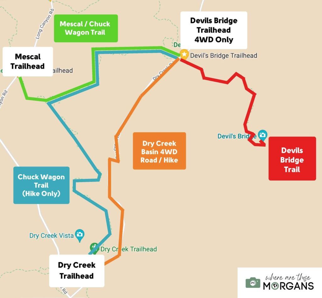 Map of the Devils Bridge trail with parking options