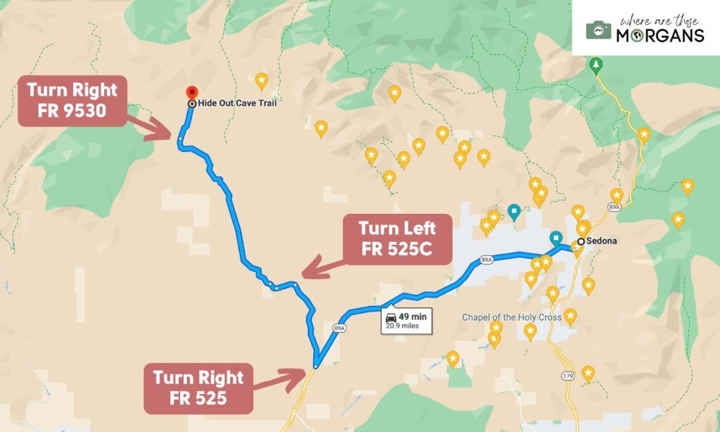 Map of the driving directions from Sedona to Robbers Roost trail and Hideout Cave