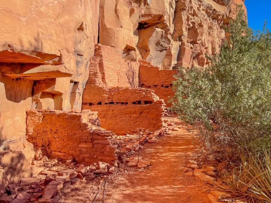 Many cliff dwellings lined up side by side under a cliff in Arizona