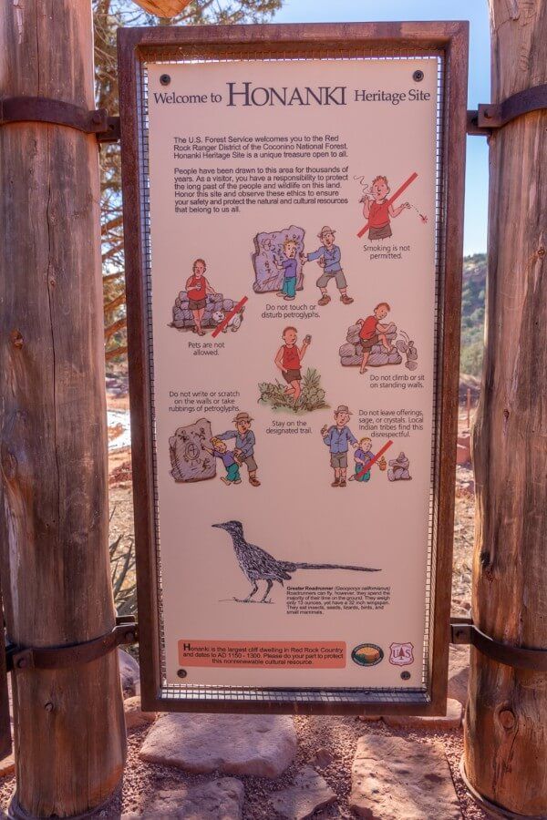 A sign explaining etiquette rules when visiting ruins in sedona