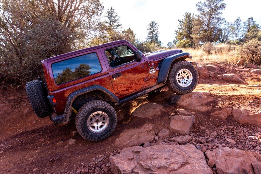 Red jeep on an off road trail on a tour in Sedona