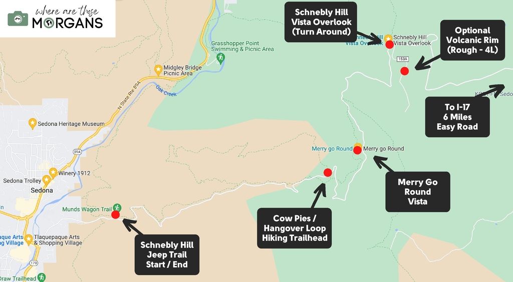Schnebly Hill Road Jeep Trail Map of stops to make at trailheads and viewpoints