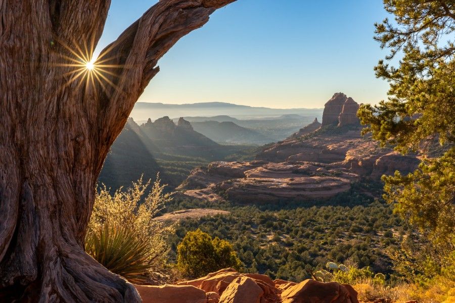 View over Sedona from Merry Go Round observation point on Schnebly Hill Road jeep trail at sunset