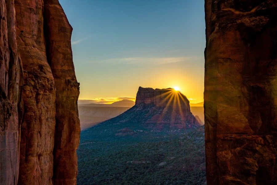 Sunrise from the summit of Cathedral Rock overlooking Courthouse Butte in southern Sedona