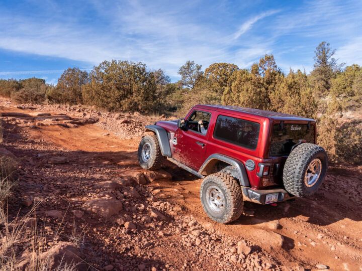 Where Are Those Morgans driving the awesome adventure off road trail Diamondback Gulch in a maroon Jeep on a sunny day in December
