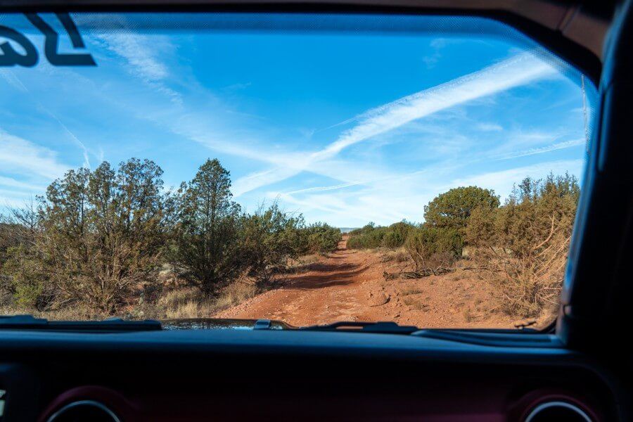 View through windshield of a car in desert of northern arizona