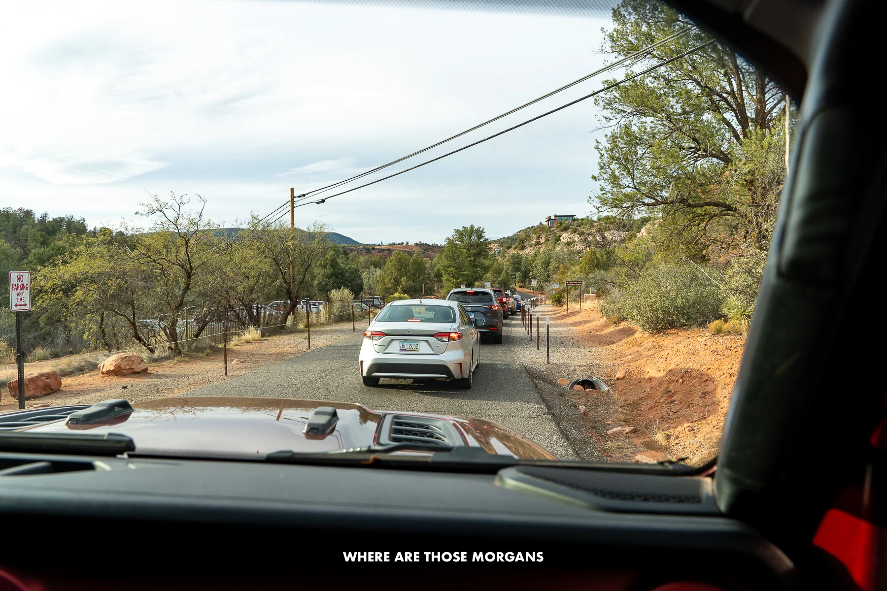 Photo of a line of cars waiting to get into a parking lot taken through the window of a Jeep