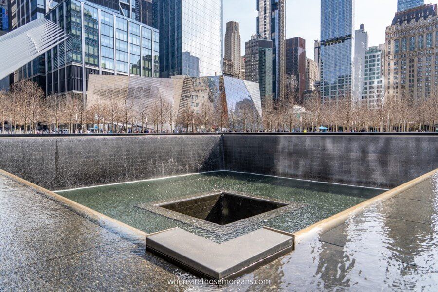 Water pouring down into the 9/11 Memorial in Lower Manhattan