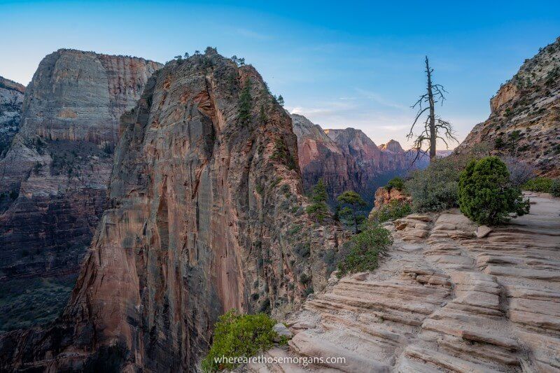 Angels Landing razor thin rock formation in Zion National Park Utah is one of the most popular and dangerous hikes in the US