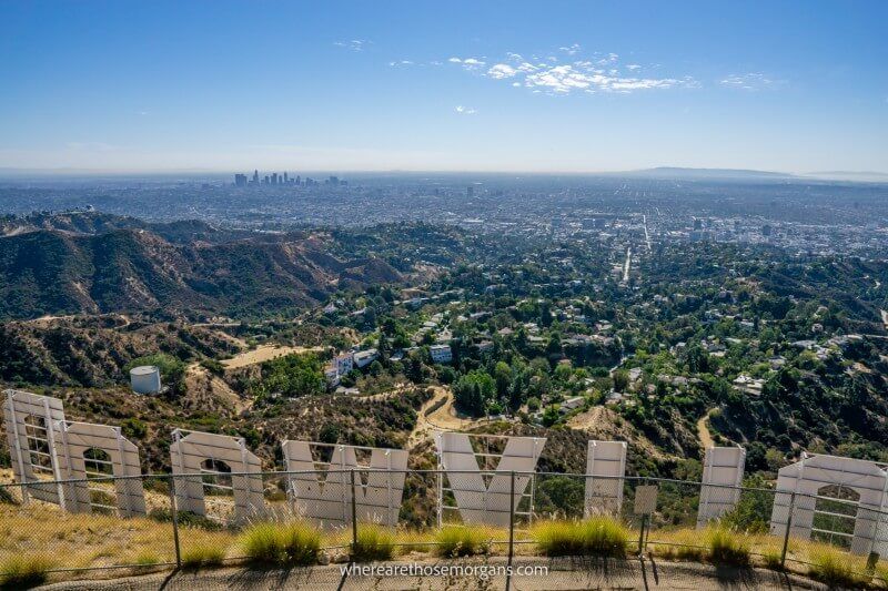 Los Angeles city from behind the famous Hollywood sign is one of the best hikes in the US